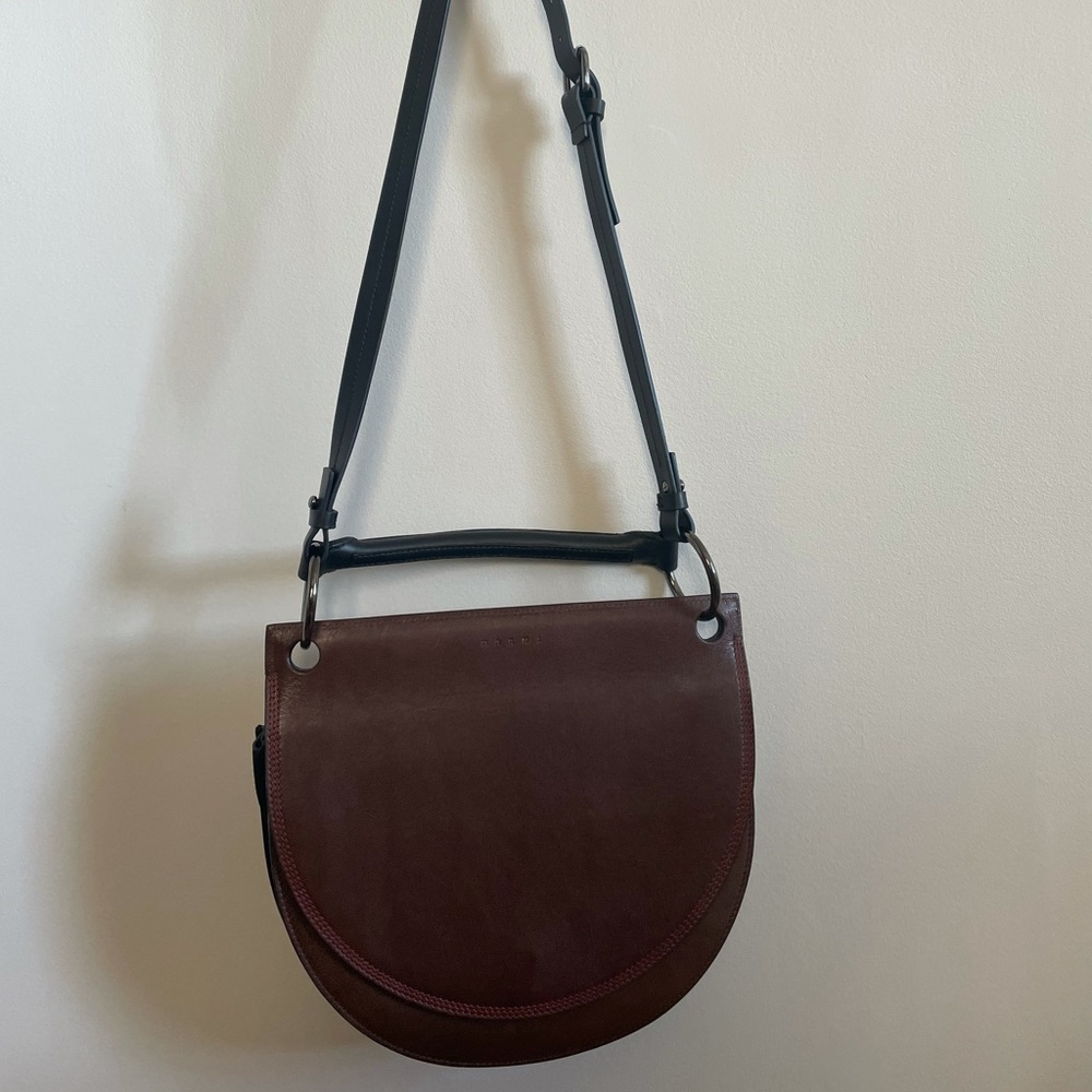 MARNI Leather Halfmoon Shoulder Purse, Coffee Color Vitello Leather.